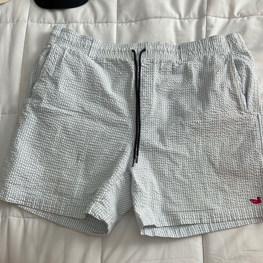 Southern Marsh Light Blue Seersucker Swim Trunks with Black Drawstring